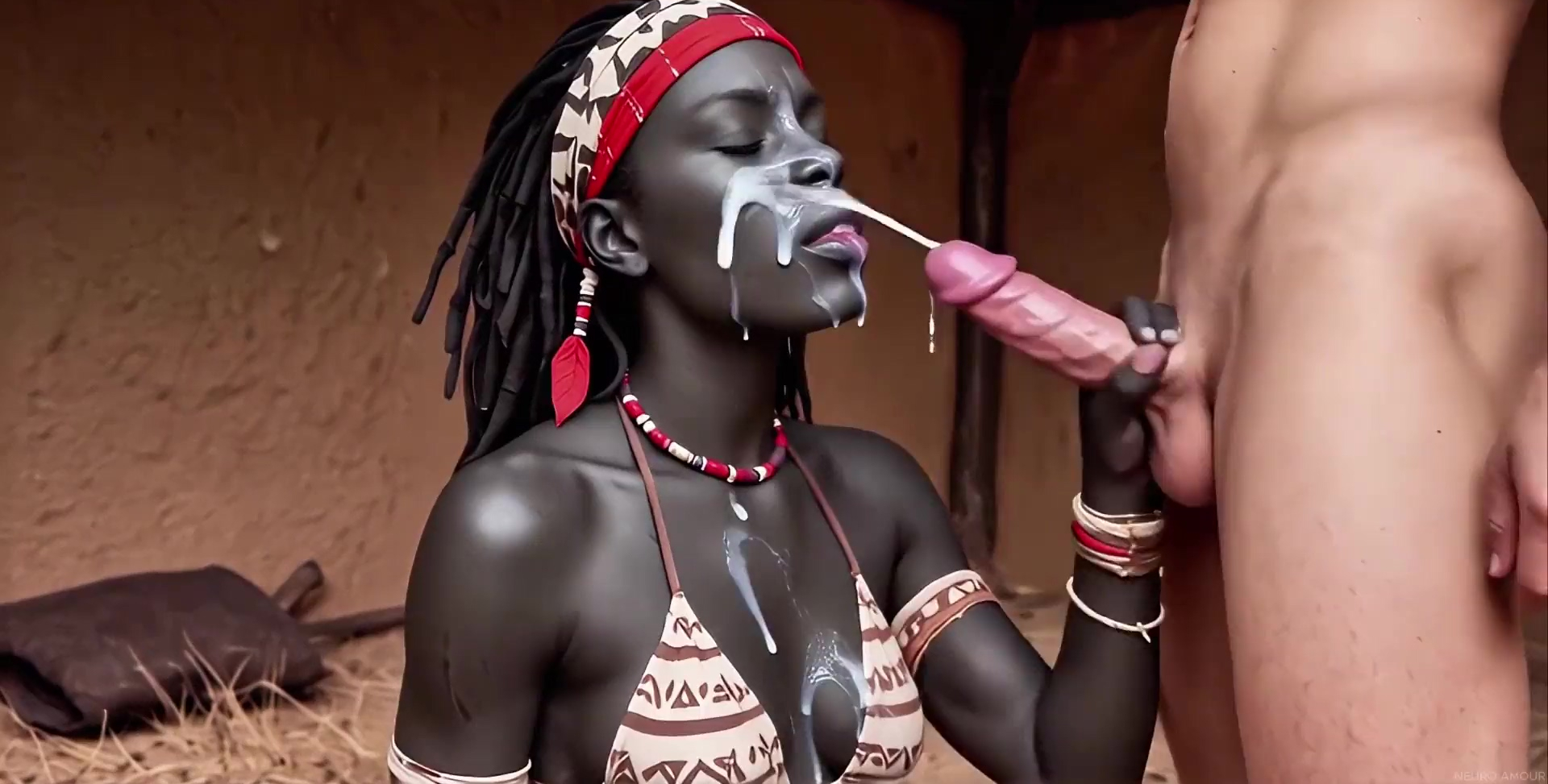 El poderoso hombre blanco usa su lanza gigante para domesticar a las mujeres de Wakanda generadas por IA.