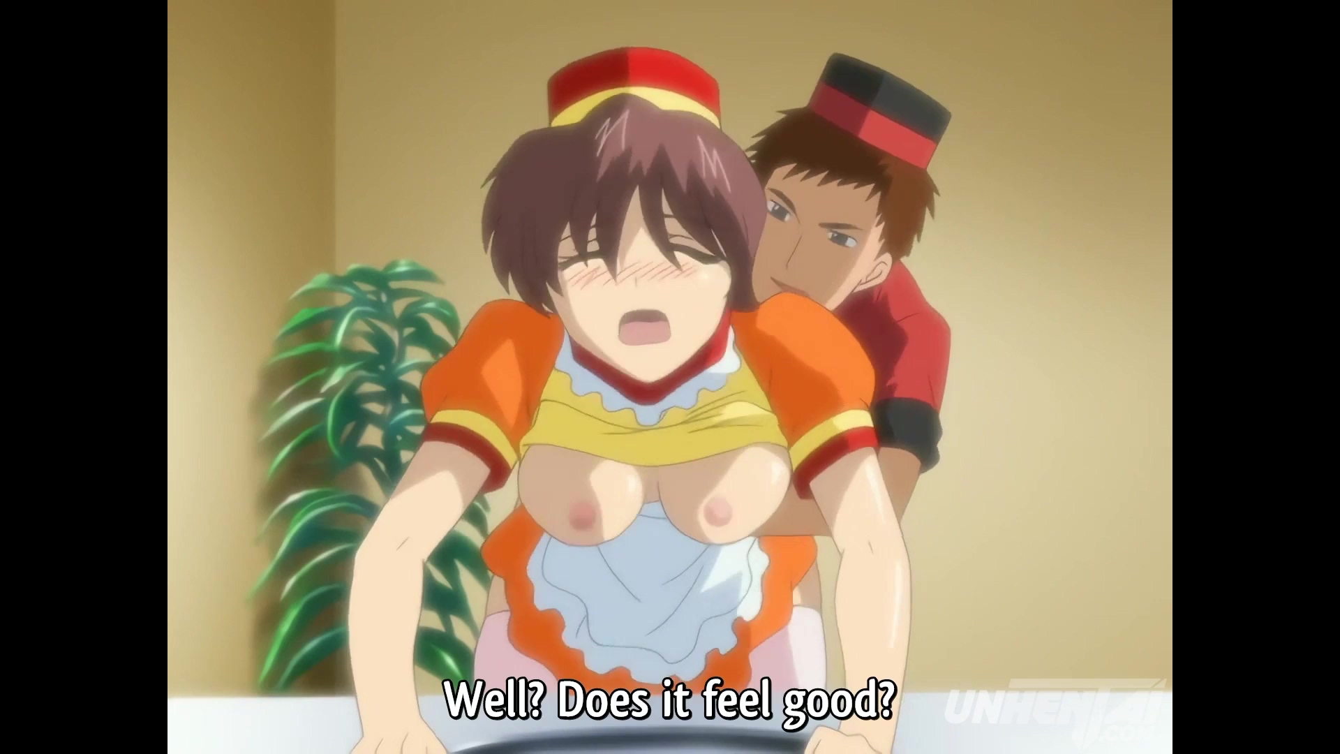 Hentai: Una camarera caliente con grandes tetas es follada por su compañero de trabajo durante las horas de trabajo