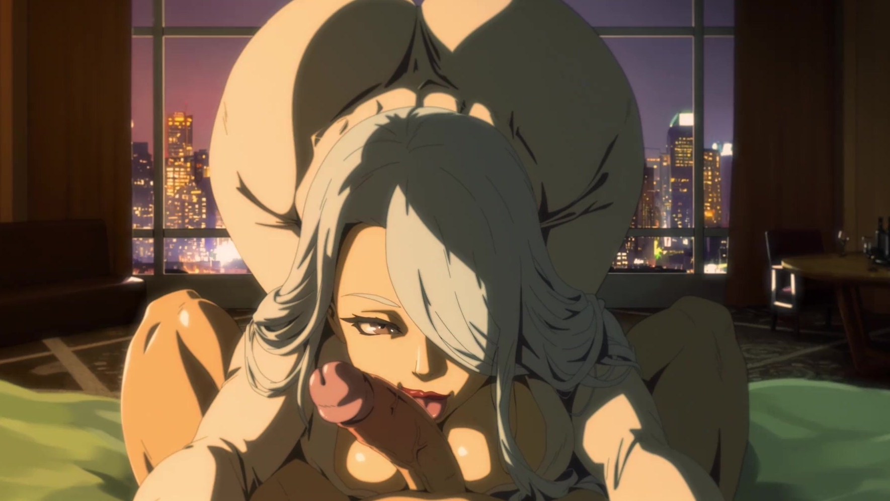 Puta hentai caliente con grandes tetas toma mi polla en su garganta y boca