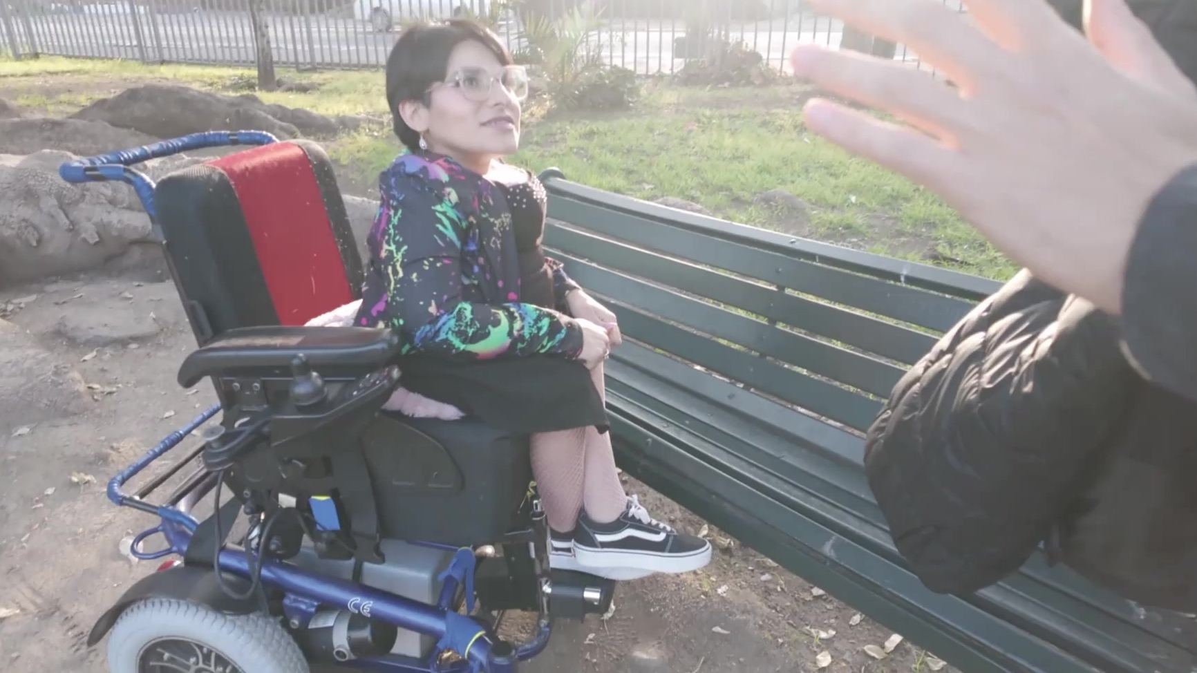 Una belleza discapacitada camina en silla de ruedas y un gallo.