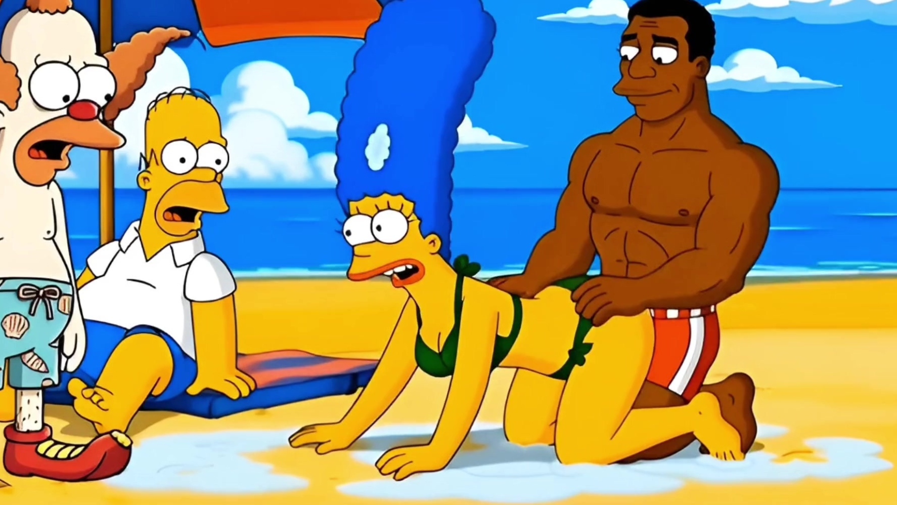 La cachonda Marge está atrapada por un trozo de la BBC mientras el cornudo Homer disfruta viéndolos