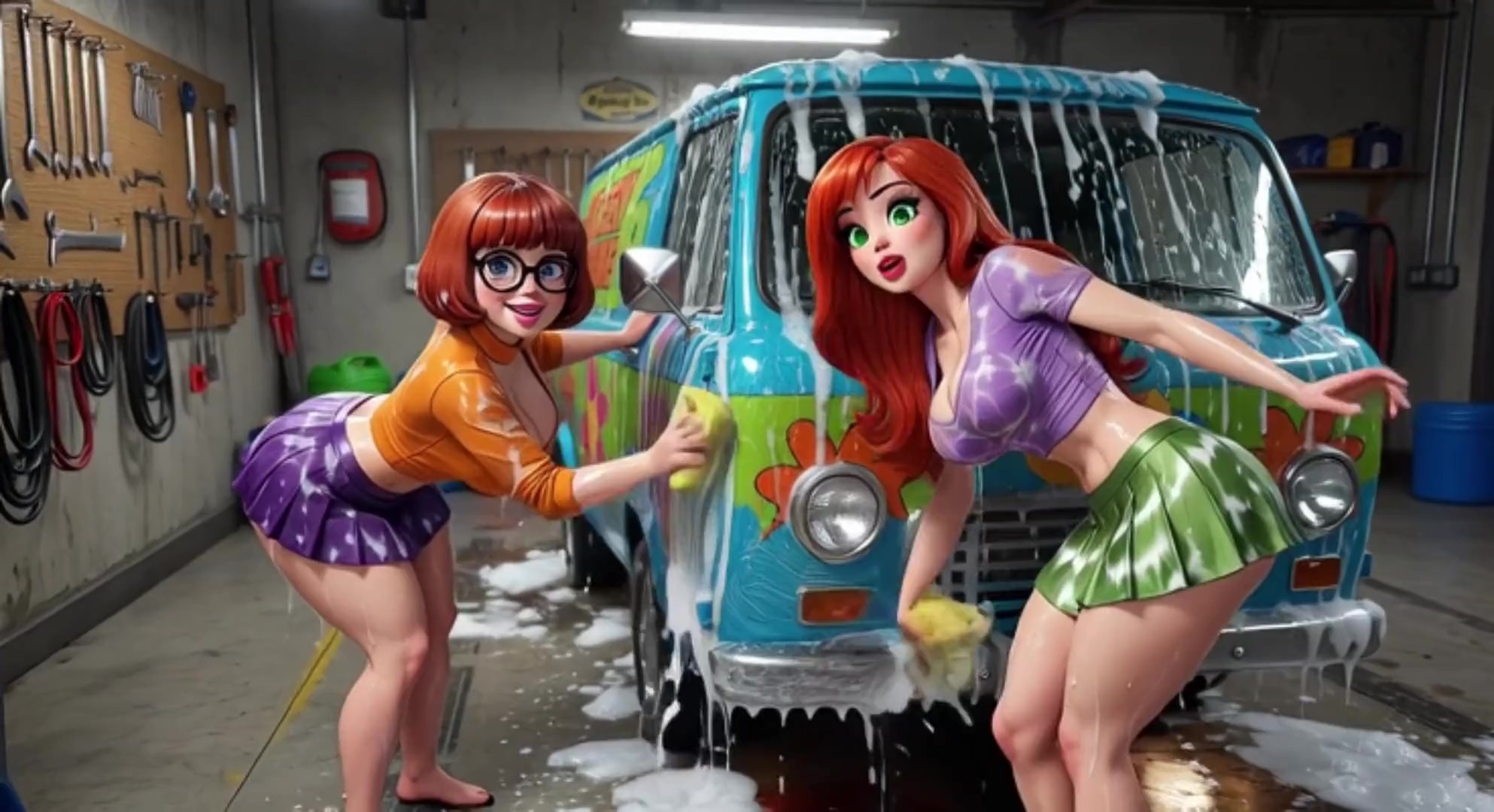 Porno de Scooby-Doo generado por IA: Chicas cachondas, tetonas y culonas – Velma y Daphne – lavan su auto desnudas